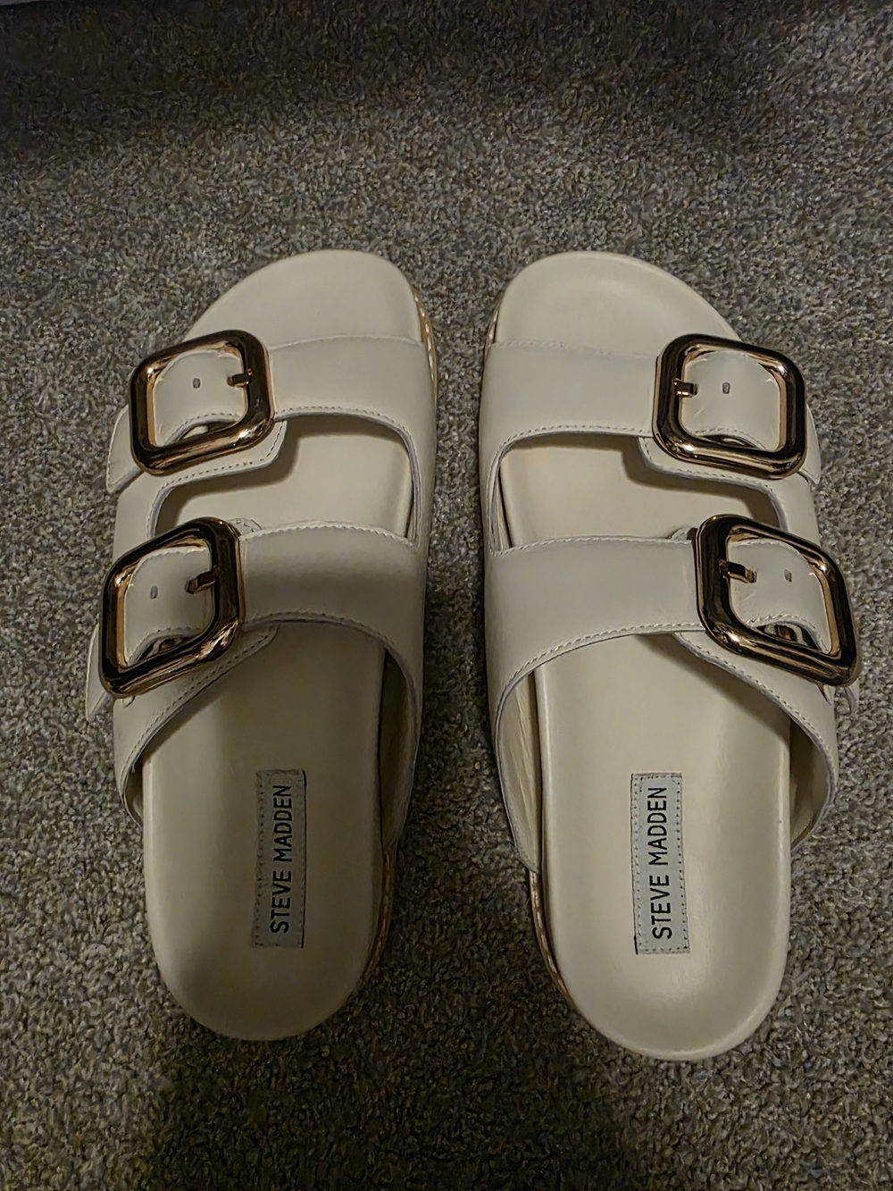 Steve Madden Cream Slide Sandals with Gold Buckles Size 9
